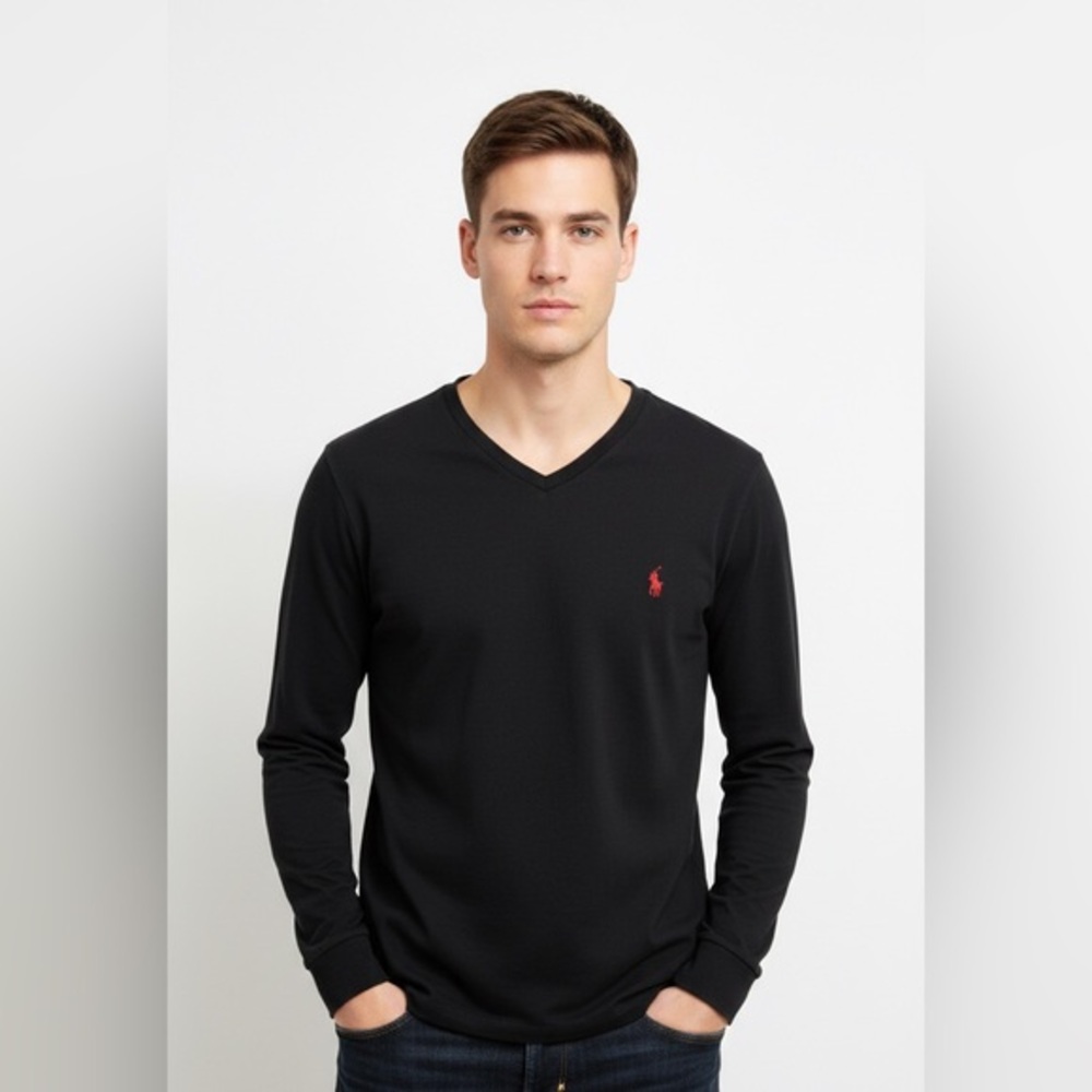 Polo Ralph Lauren Men’s Black V Neck Long Sleeve Shirt Size L 20*26 Red Pony